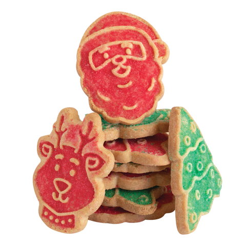 Stack of colorful Christmas-themed cookies on a white background