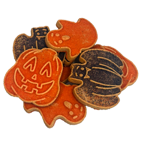 Halloween-themed cookies shaped like pumpkins, bats, and ghosts on a white background