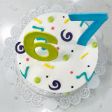 Round cake with numbers '6' and '7' on a white lace doily