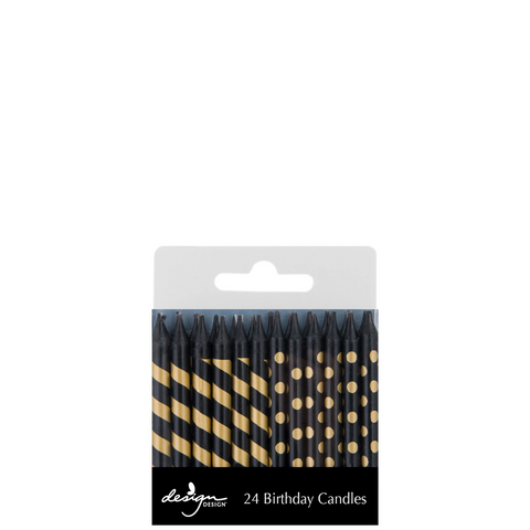 Black with Gold Stripes and Dots Birthday Candles - Short Asst. (24)