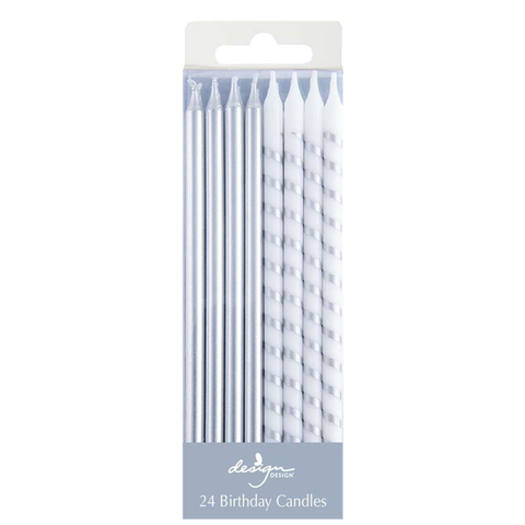 Silver Solids and Stripes Birthday Candles - Xtra Tall (24)